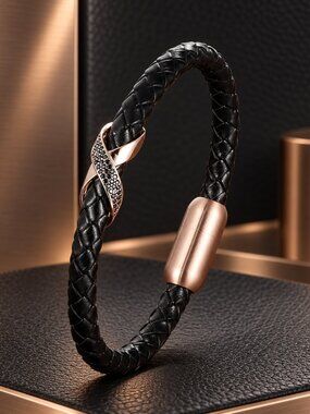 Elegant Black Braided Leather Bracelet with Rose Gold Accent